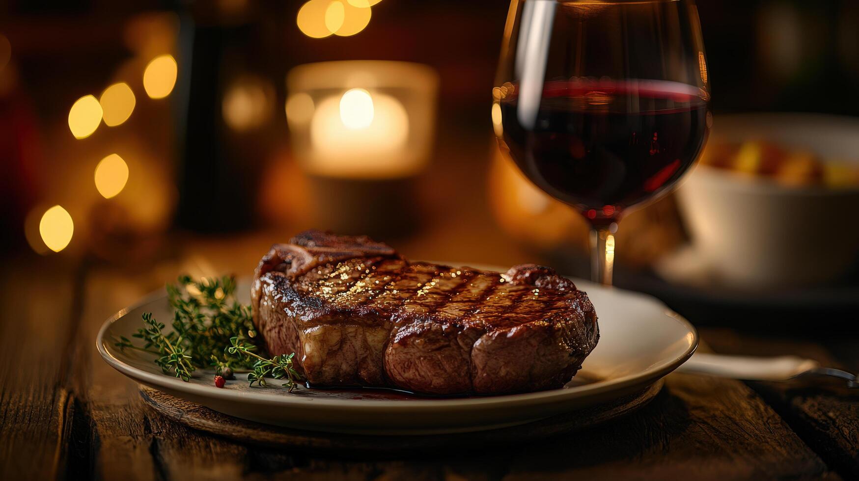 Reflective Moment with Ribeye Steak, Wine, and Warm Golden Light photo