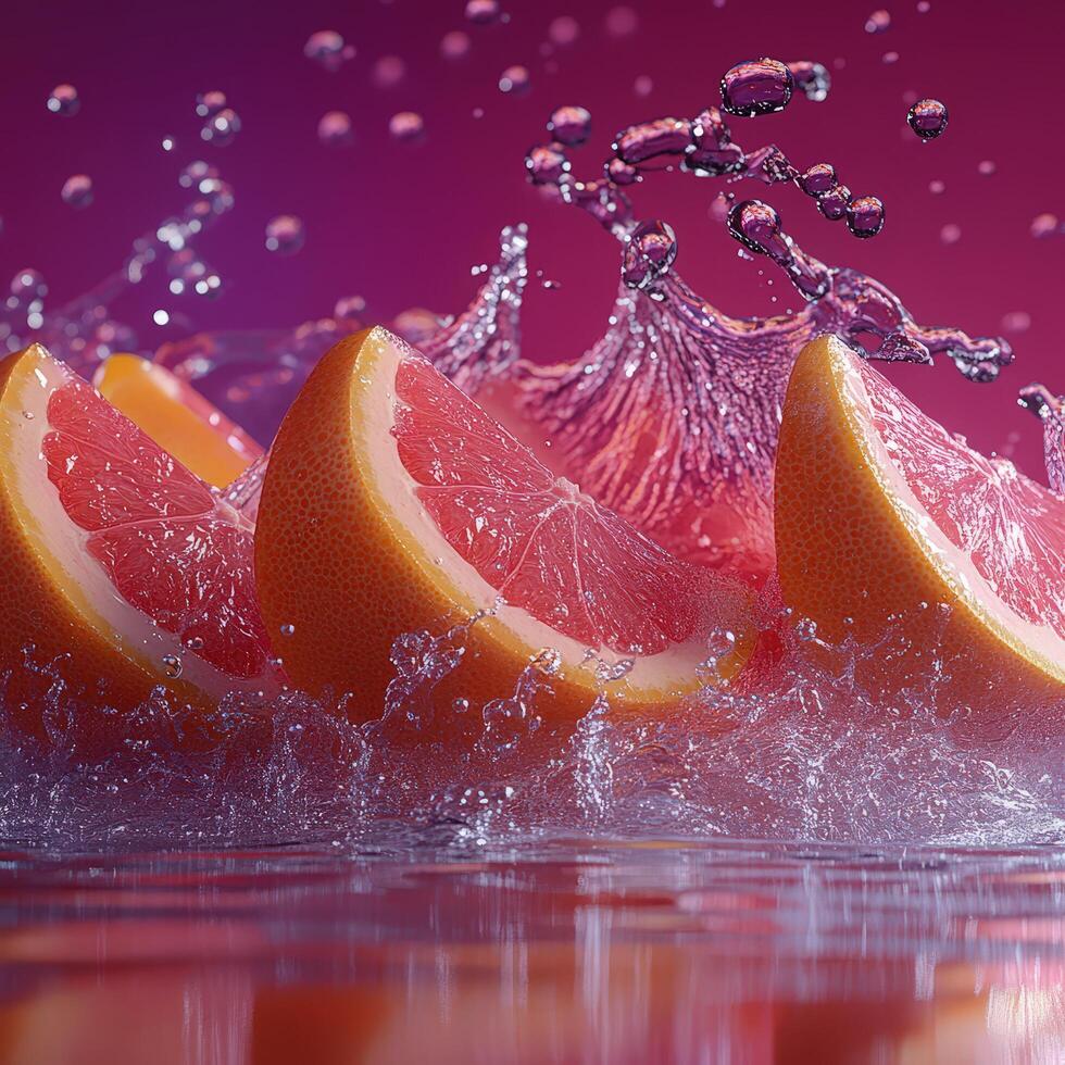 Cinematic Slow-Motion Grapefruit Splash in Water, Pink and Red Hues photo