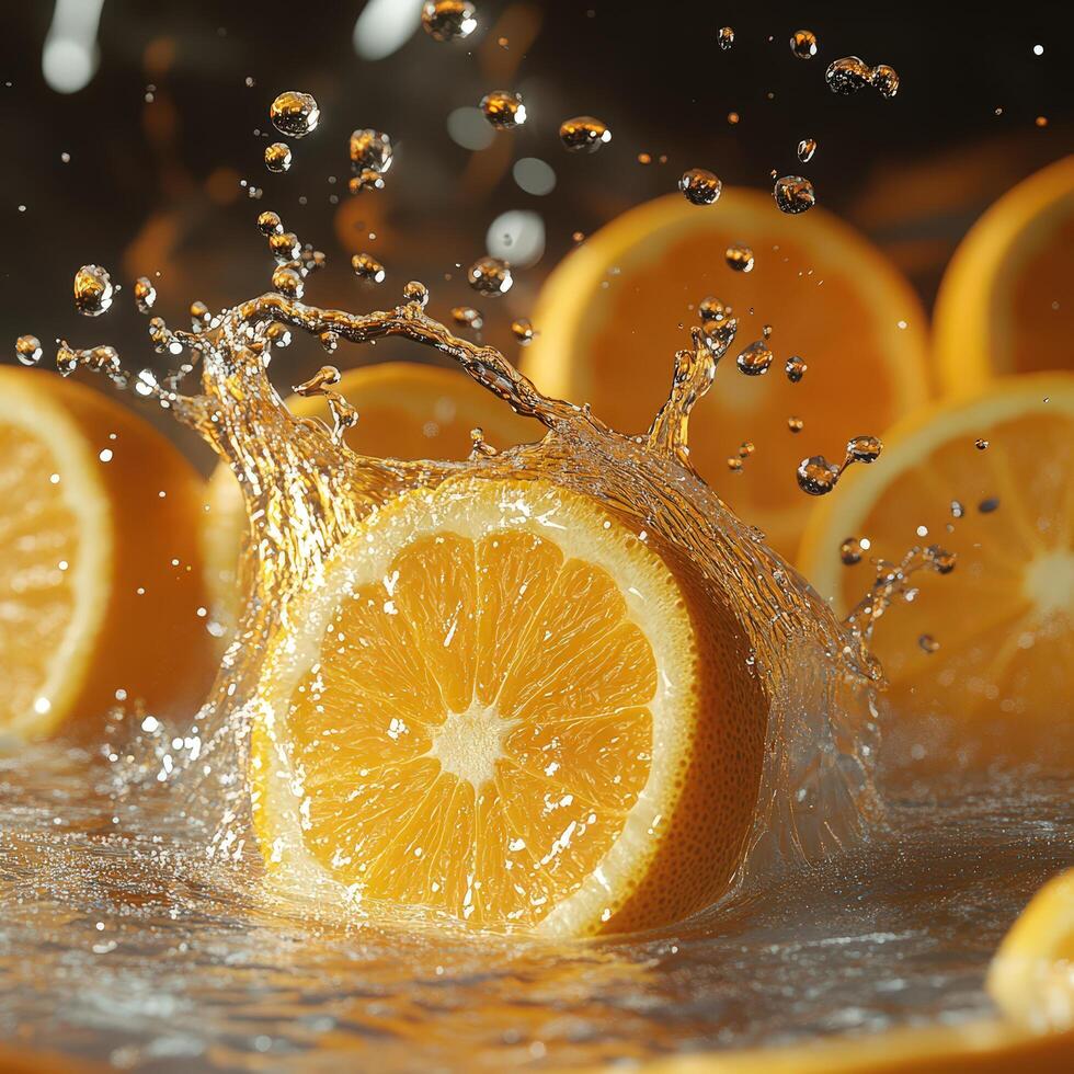 Hyper-Realistic Citrus Explosion with Orange Slices and Droplets in 8K photo