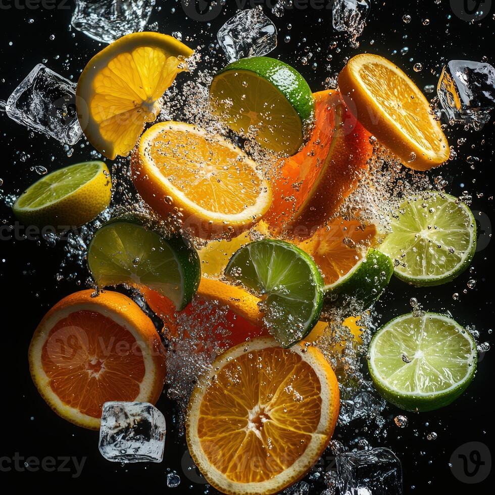 Floating Lemon, Orange, Lime Slices in Surreal Citrus Explosion photo