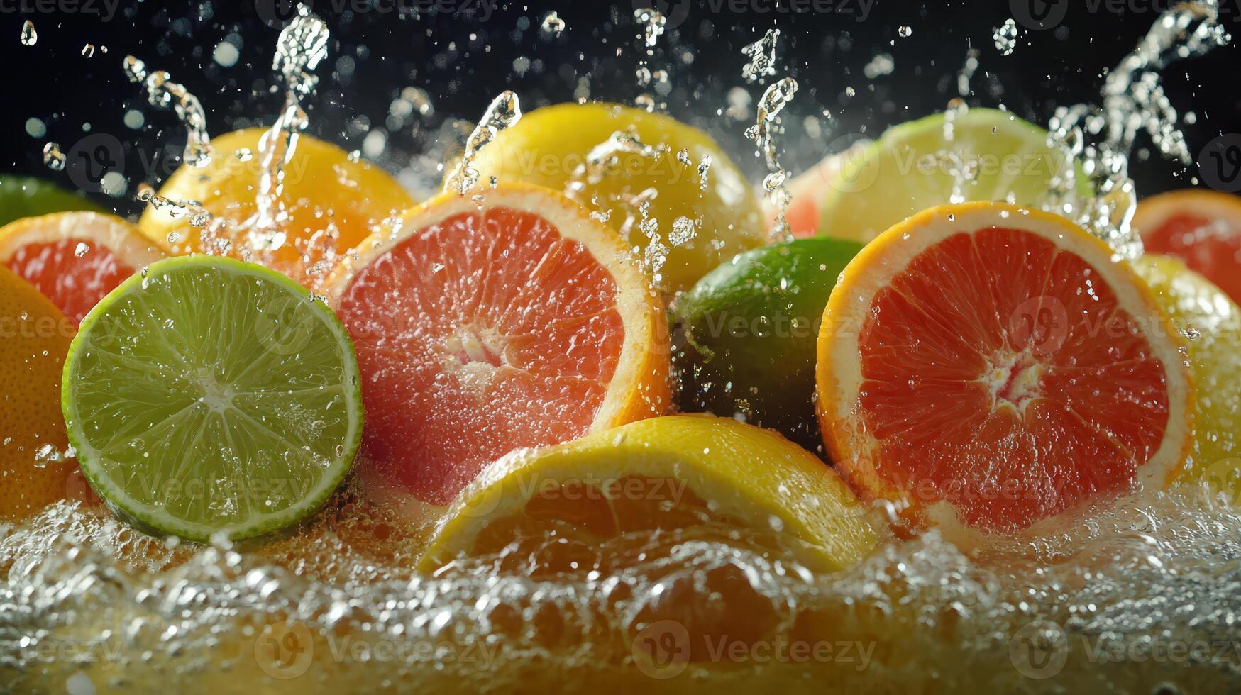 Citrus Fruits in Midair with Dynamic Splash of Orange, Lemon photo