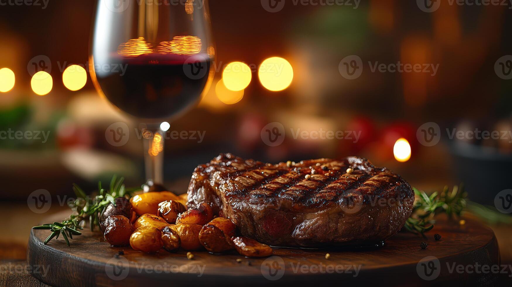 Cozy Atmosphere with Ribeye Steak and Red Wine in Reflection photo