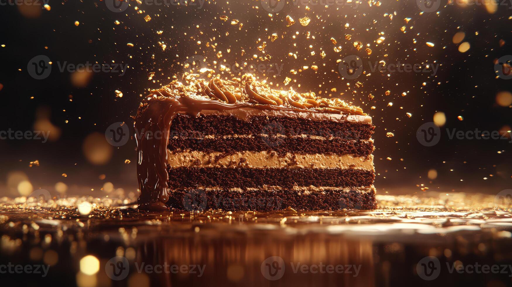 Golden Caramel Splash and Floating Chocolate Cake in Photorealistic photo