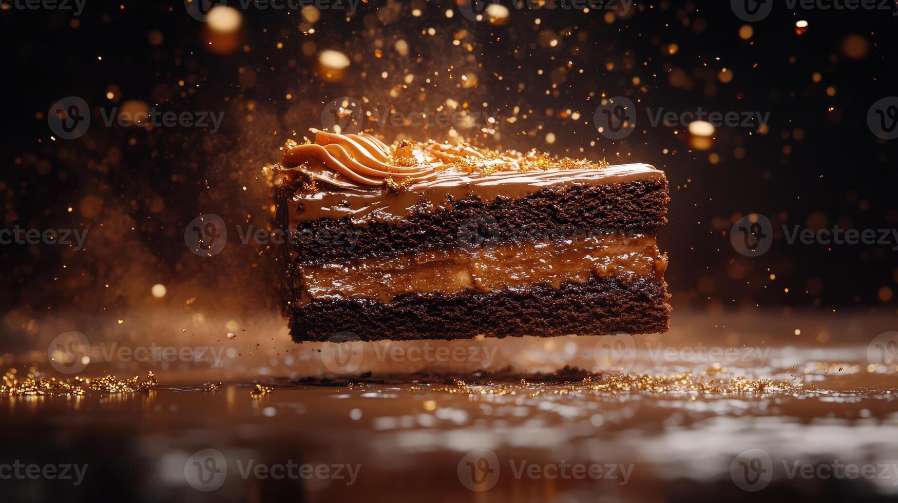 Luxurious Caramel Splash Surrounding Chocolate Cake Slice in Golden Tones photo
