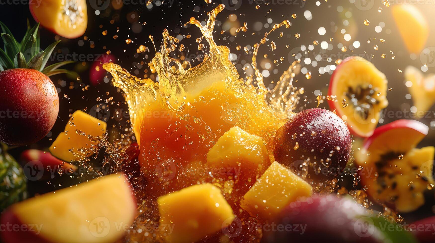 Hyper-Realistic Splash of Mango, Pineapple, Passion Fruit Juices in Midair photo