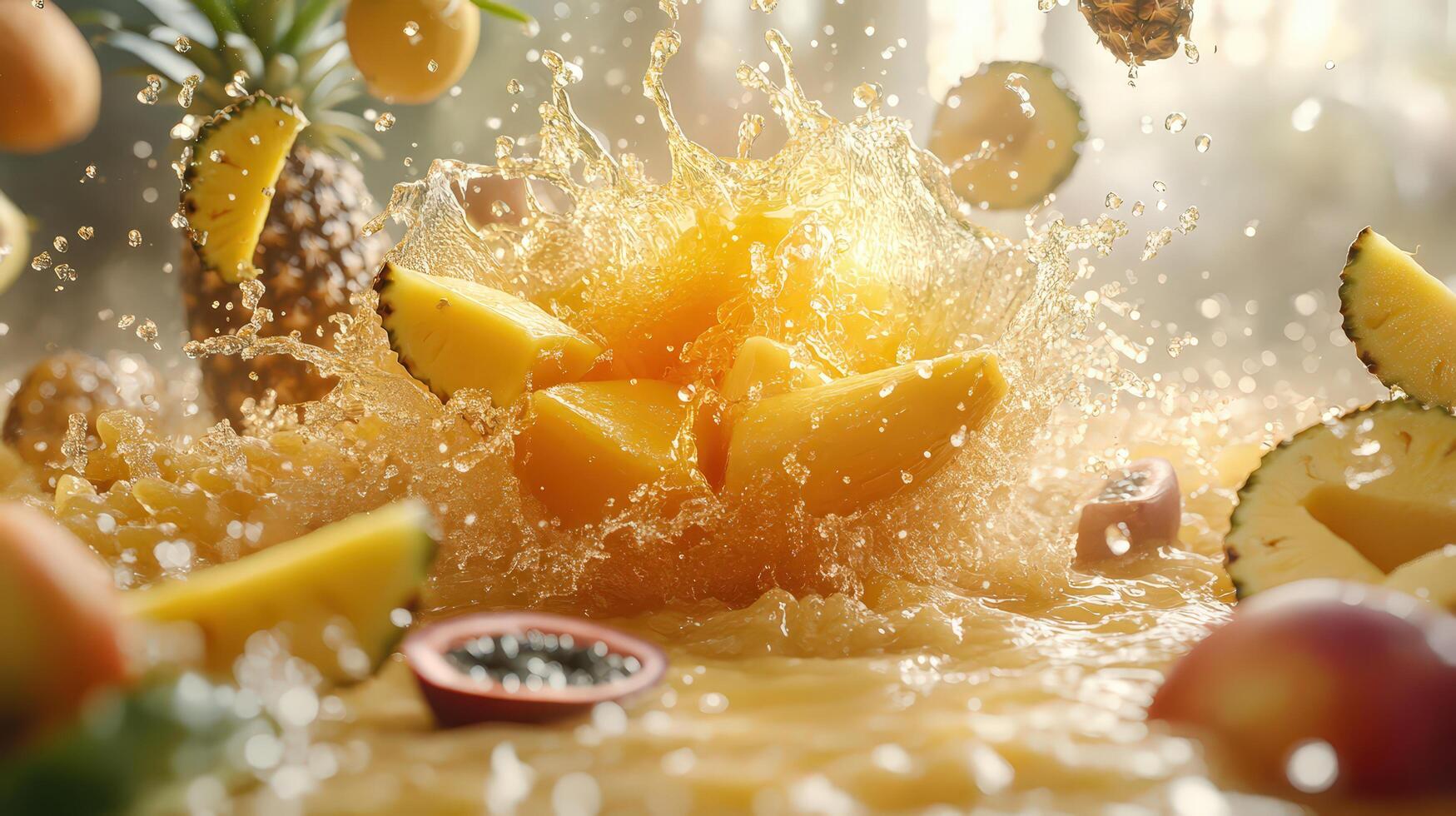 Mango, Pineapple, Passion Fruit Juices Exploding with Floating Fruit Slices photo