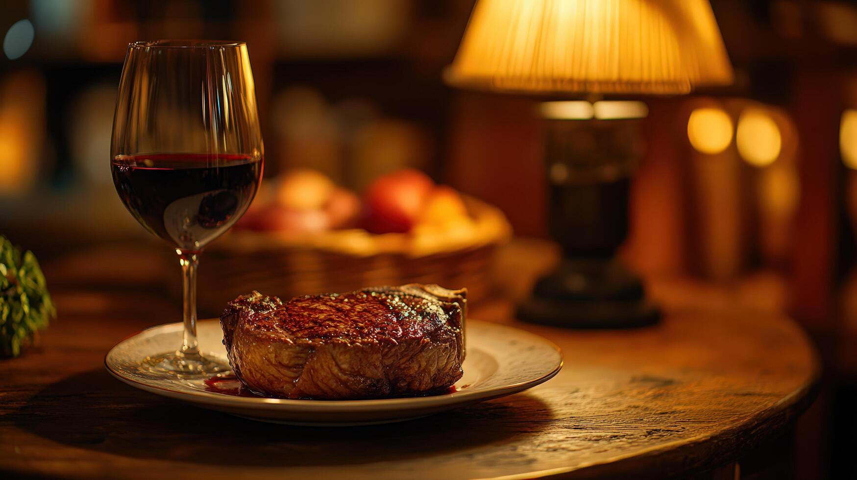 Cozy Steak and Wine Scene with Soft Golden Lamp Lighting photo