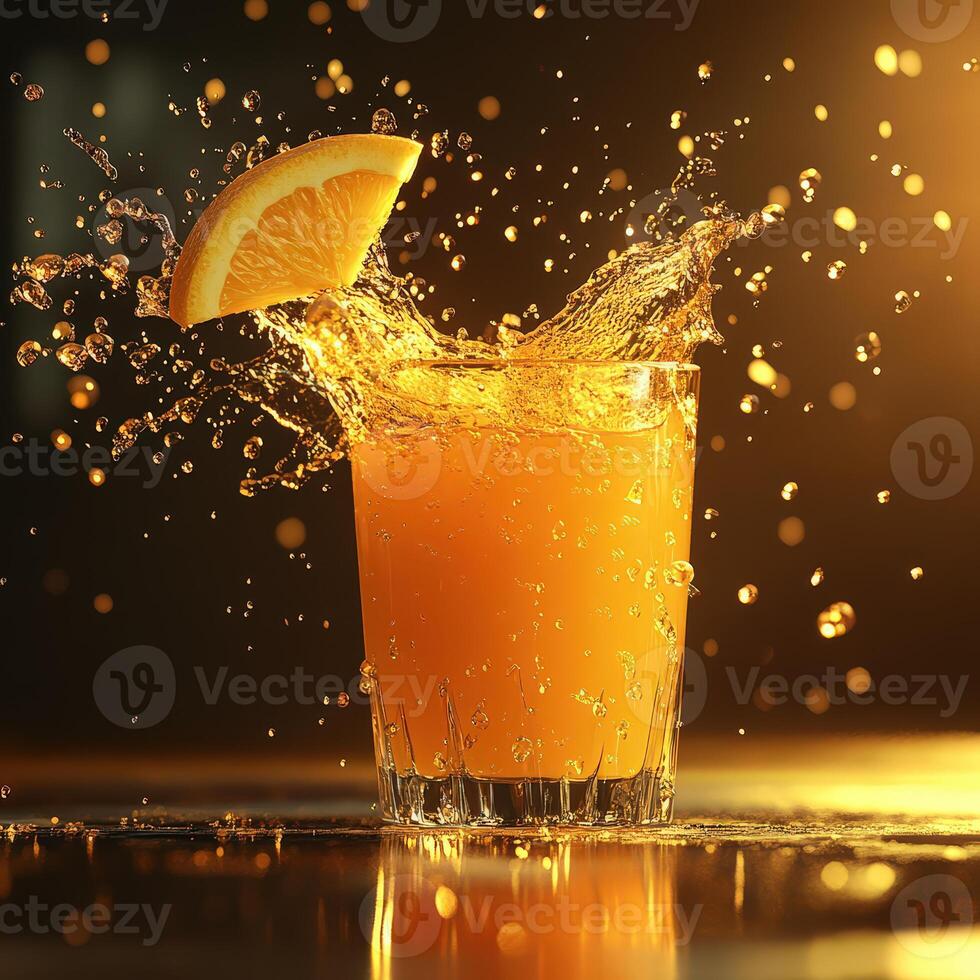 Hyper-Realistic Splash of Orange Juice with Dramatic Backlighting Details photo