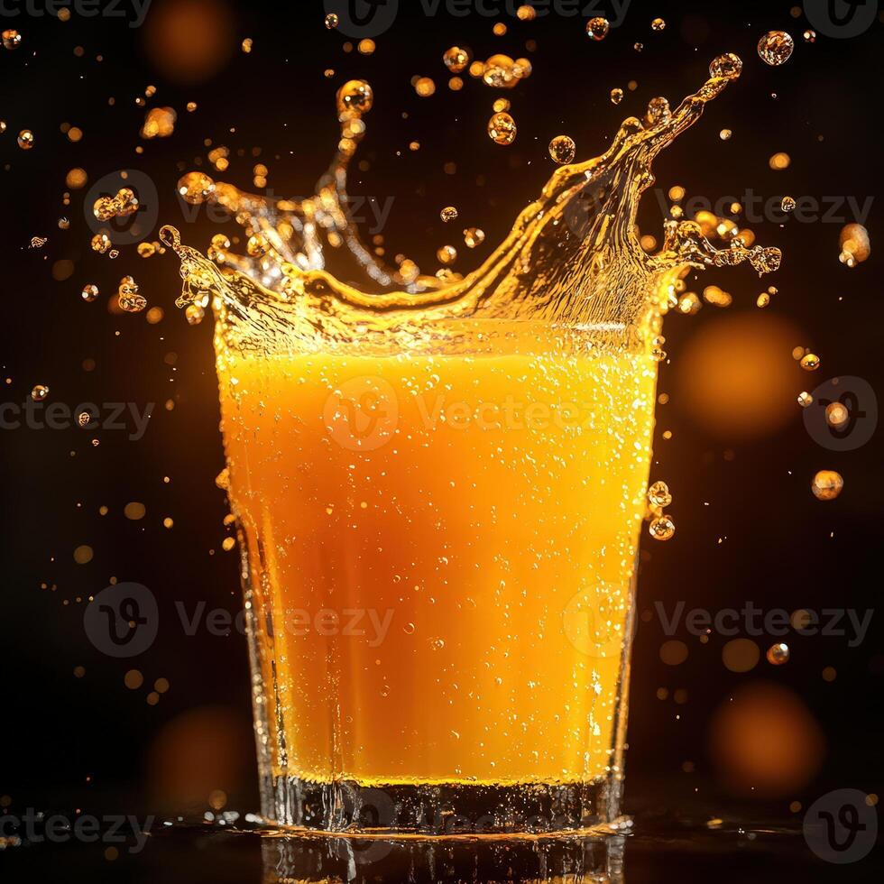 Orange Juice Splashing Out of Glass with Dramatic Backlighting Effect photo