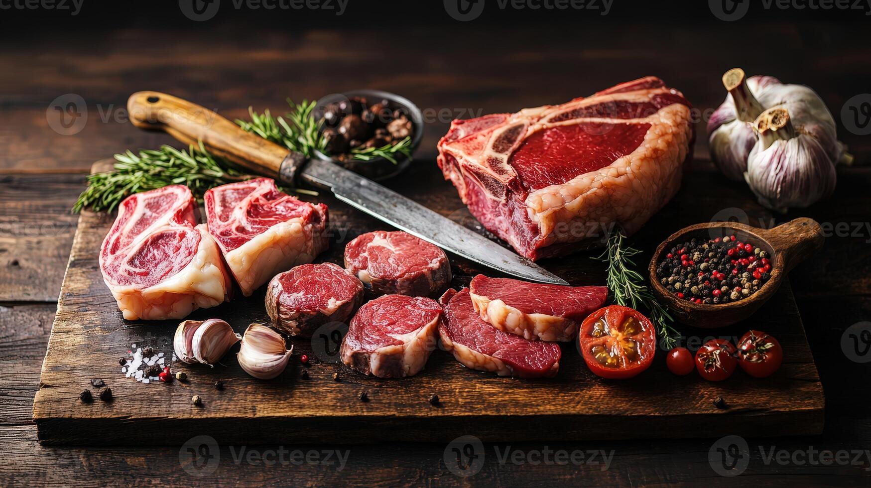 Premium Cuts of Meat and Butcher's Knife on Rustic Table photo