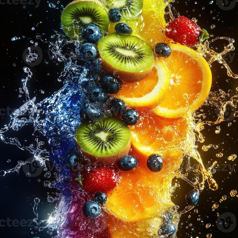 High-Speed Splash of Vibrant Fruit Juices in a Surreal Scene photo
