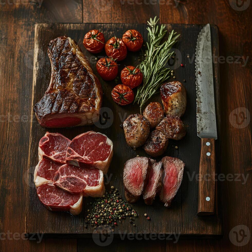 Rustic Wooden Table with Juicy Steak, Lamb Chops, and Pork Belly photo
