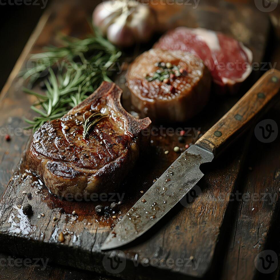 Artfully Arranged Cuts of Meat with Butchers Knife on Table photo