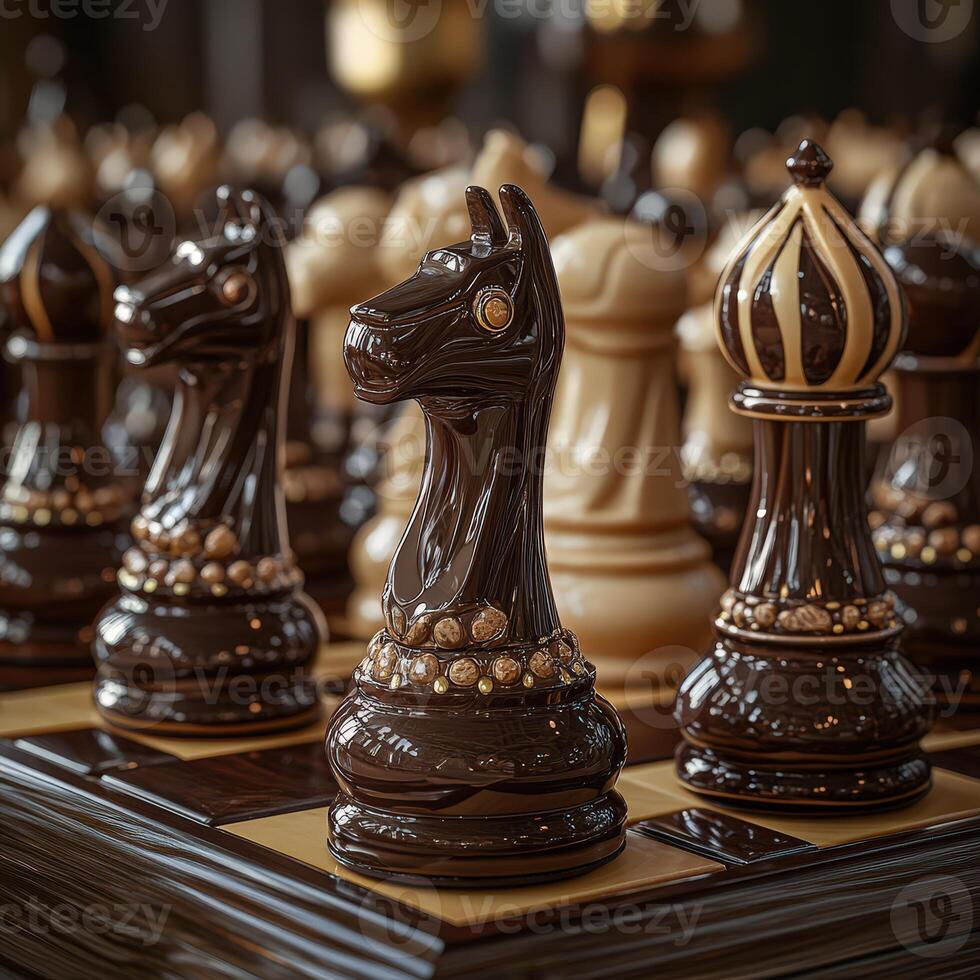 Glossy Dark Chocolate Chess Set with Caramel Knights and Artistic Composition photo