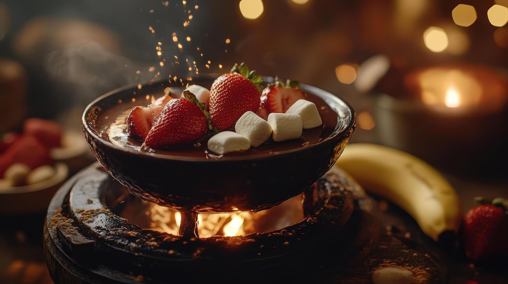 Luxurious Chocolate Fondue with Dipped Strawberries, Marshmallows, and Bananas photo