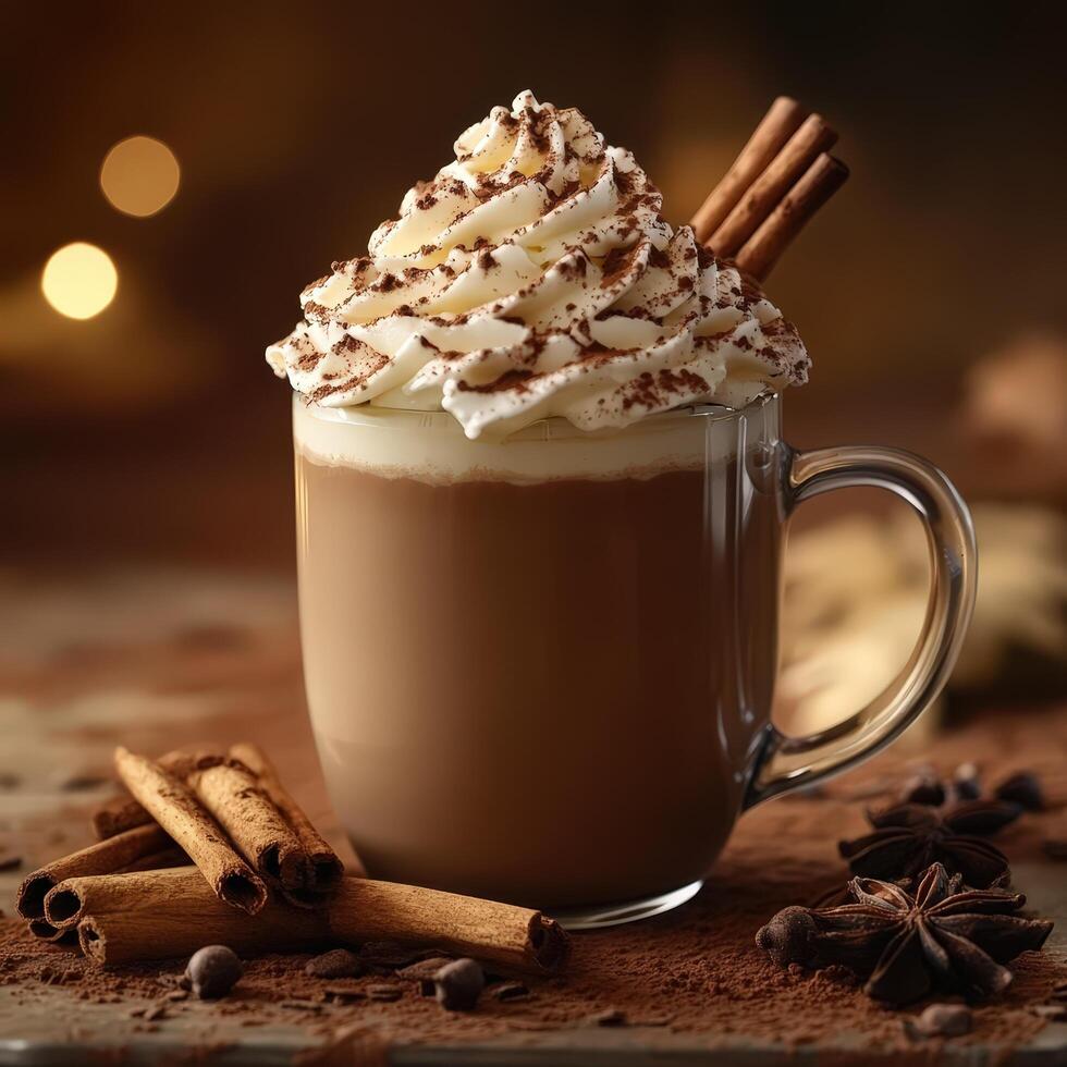 Rich Hot Chocolate Cup with Whipped Cream and Cinnamon in Soft Light photo