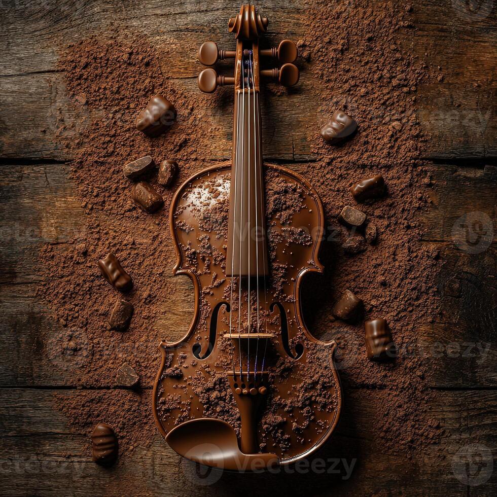 Caramel-Stringed Chocolate Violin on Cocoa Powdered Wood with Detailed Textures photo