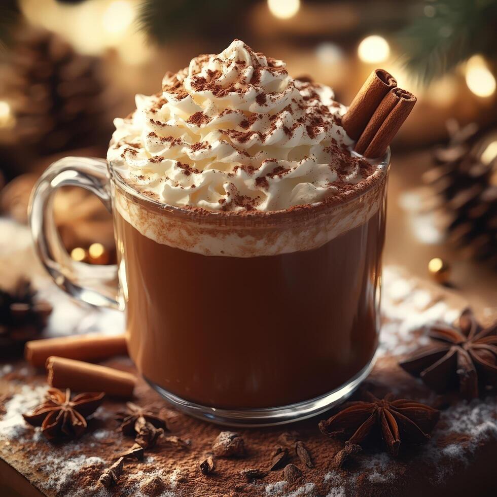 Cozy Hot Chocolate with Whipped Cream, Cinnamon Sticks, and Soft Lighting photo