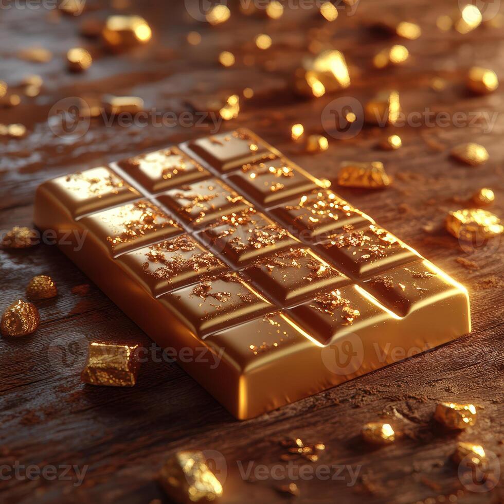 Luxurious Golden-Wrapped Chocolate Bar Melting Under Cinematic Soft Lighting photo