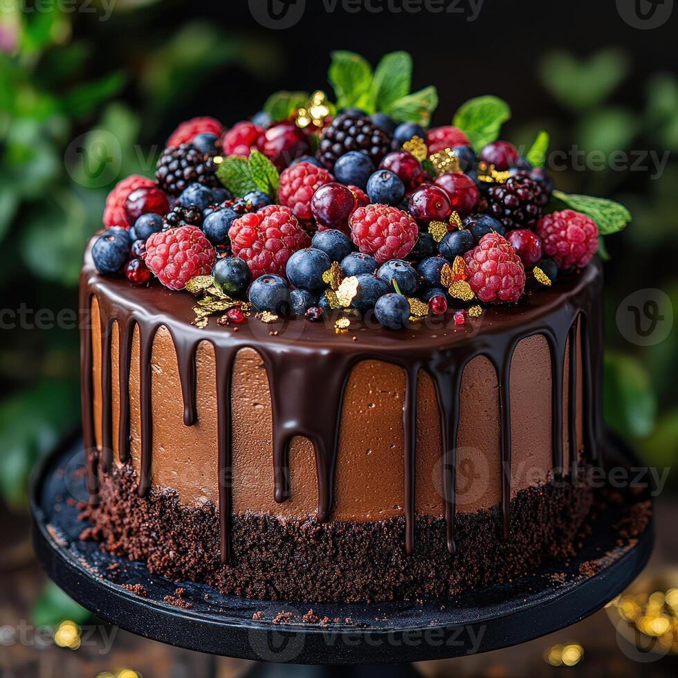Cinematic Chocolate Cake with Dripping Ganache, Fresh Berries, and Gold photo