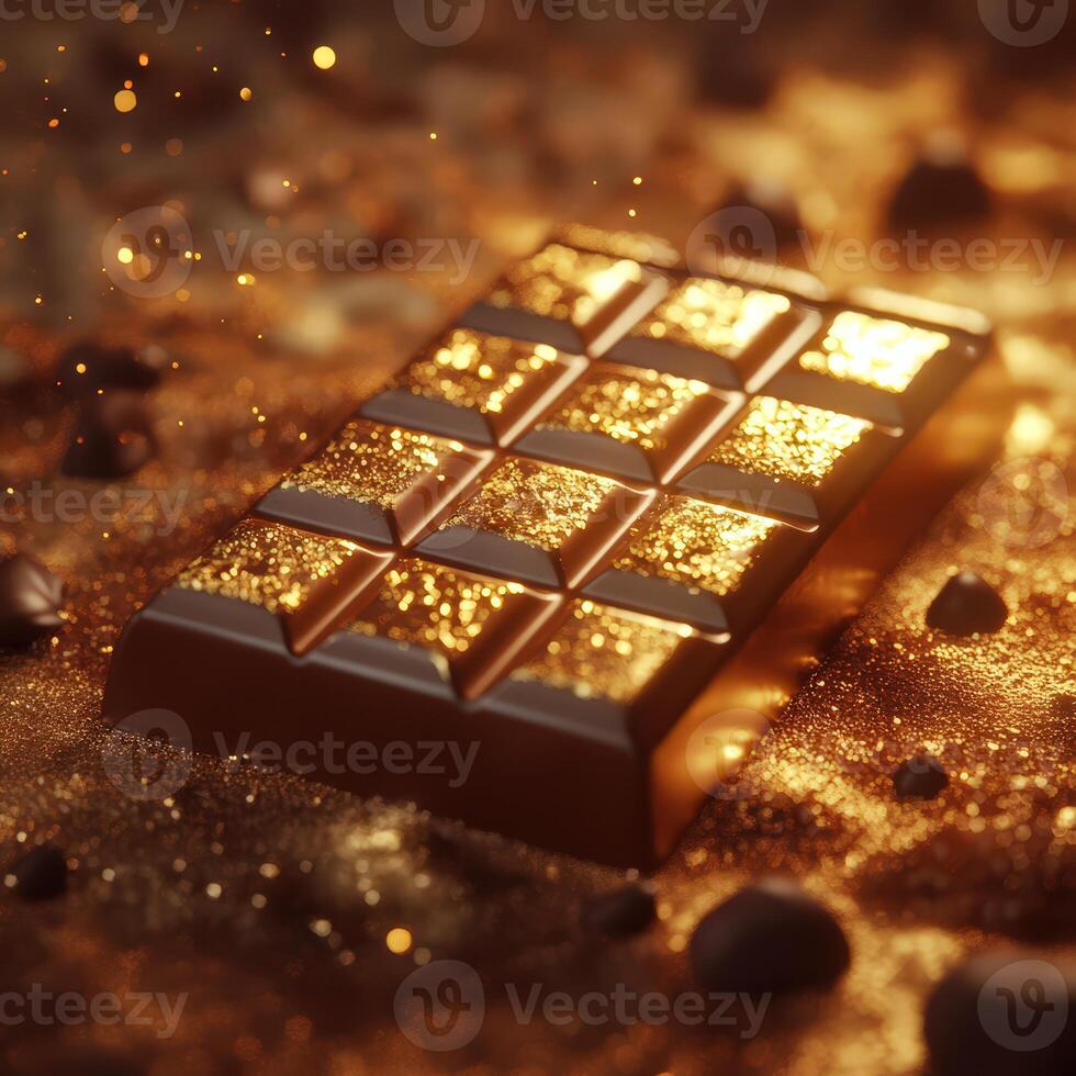 Detailed Hyper-Realistic Chocolate Bar with Golden Wrapping and Warm Light photo