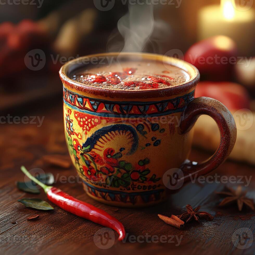 Vibrant Mexican Hot Chocolate with Chili and Cinnamon in Mug photo