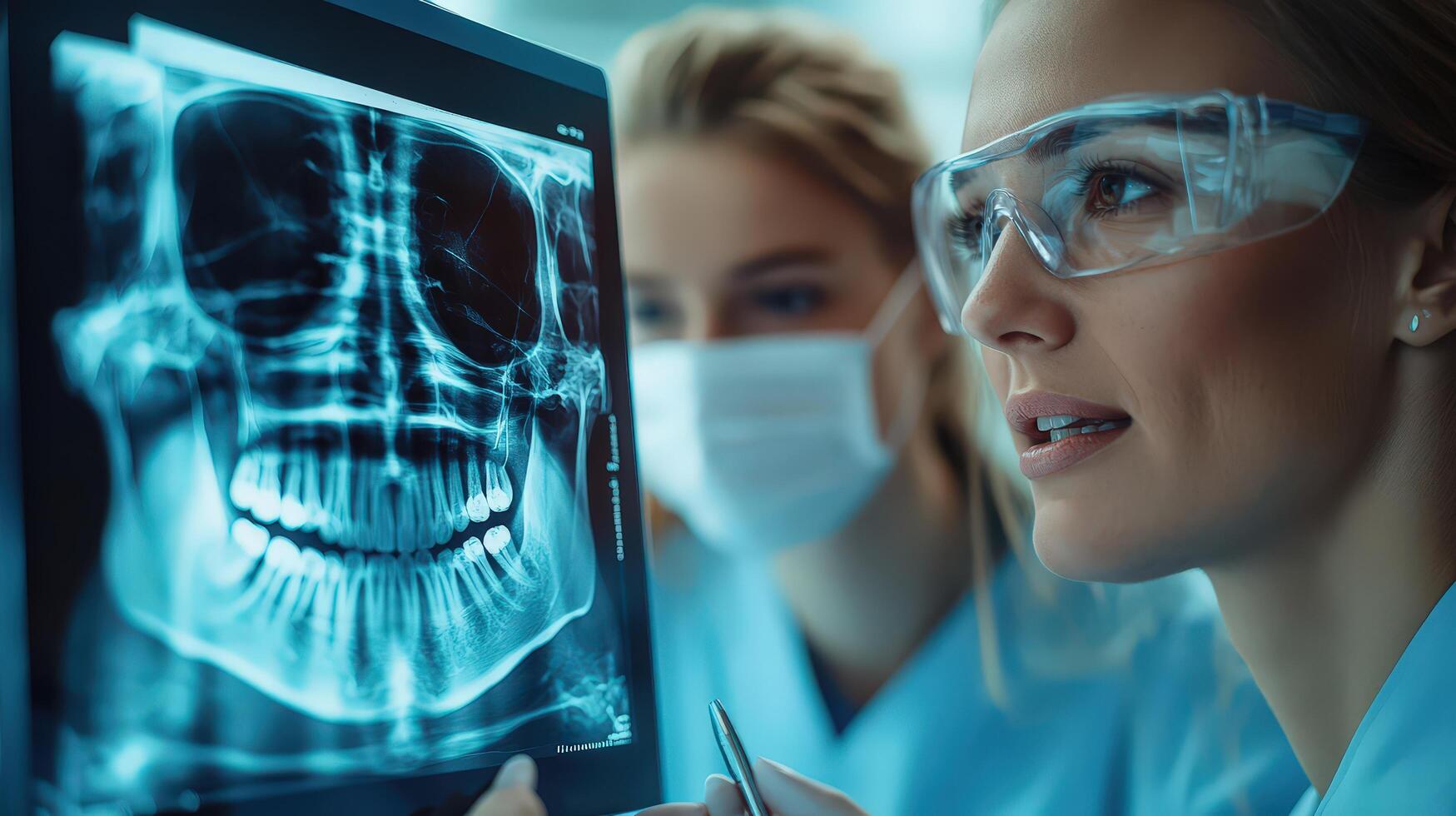 Professional Dental Team Carefully Analyzing X-Ray Scans in High-Resolution photo