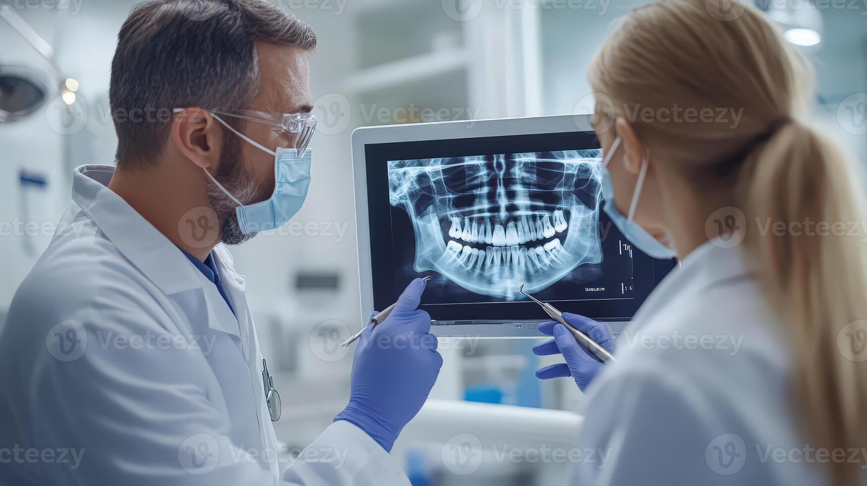 Dentist and Assistant Reviewing X-Rays on Digital Screen in Clinic photo
