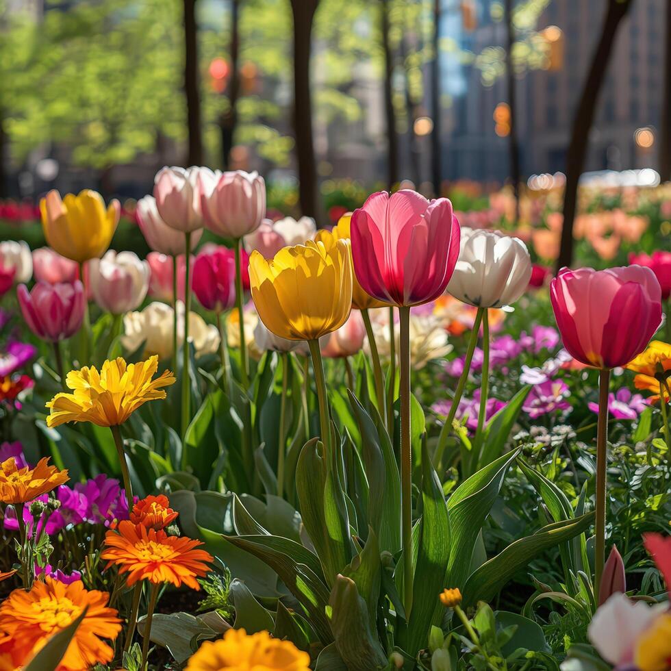 Realistic Close-Up of Flowers in Bloom with City Buildings Background photo