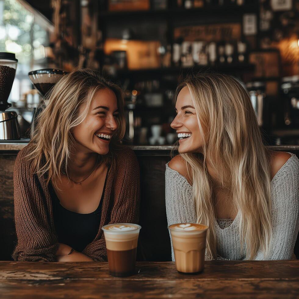 Happy friends drinking coffee and having a conversation in a cafe photo