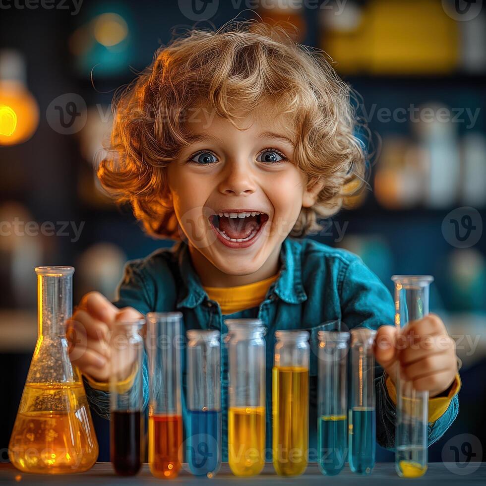 Playful child scientist in school lab with colorful test tubes photo