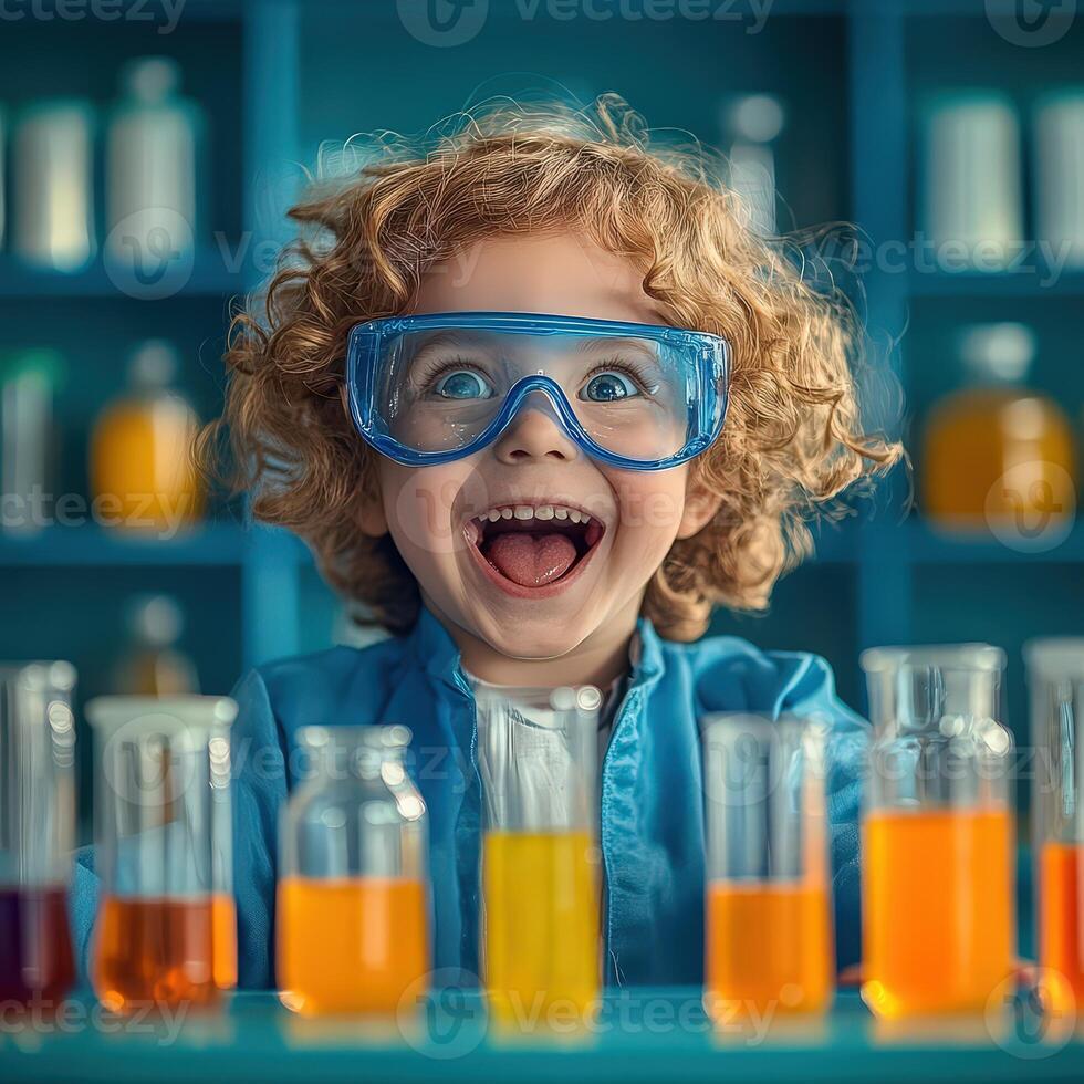 Excited young scientist in lab mixing chemicals with colorful liquids photo