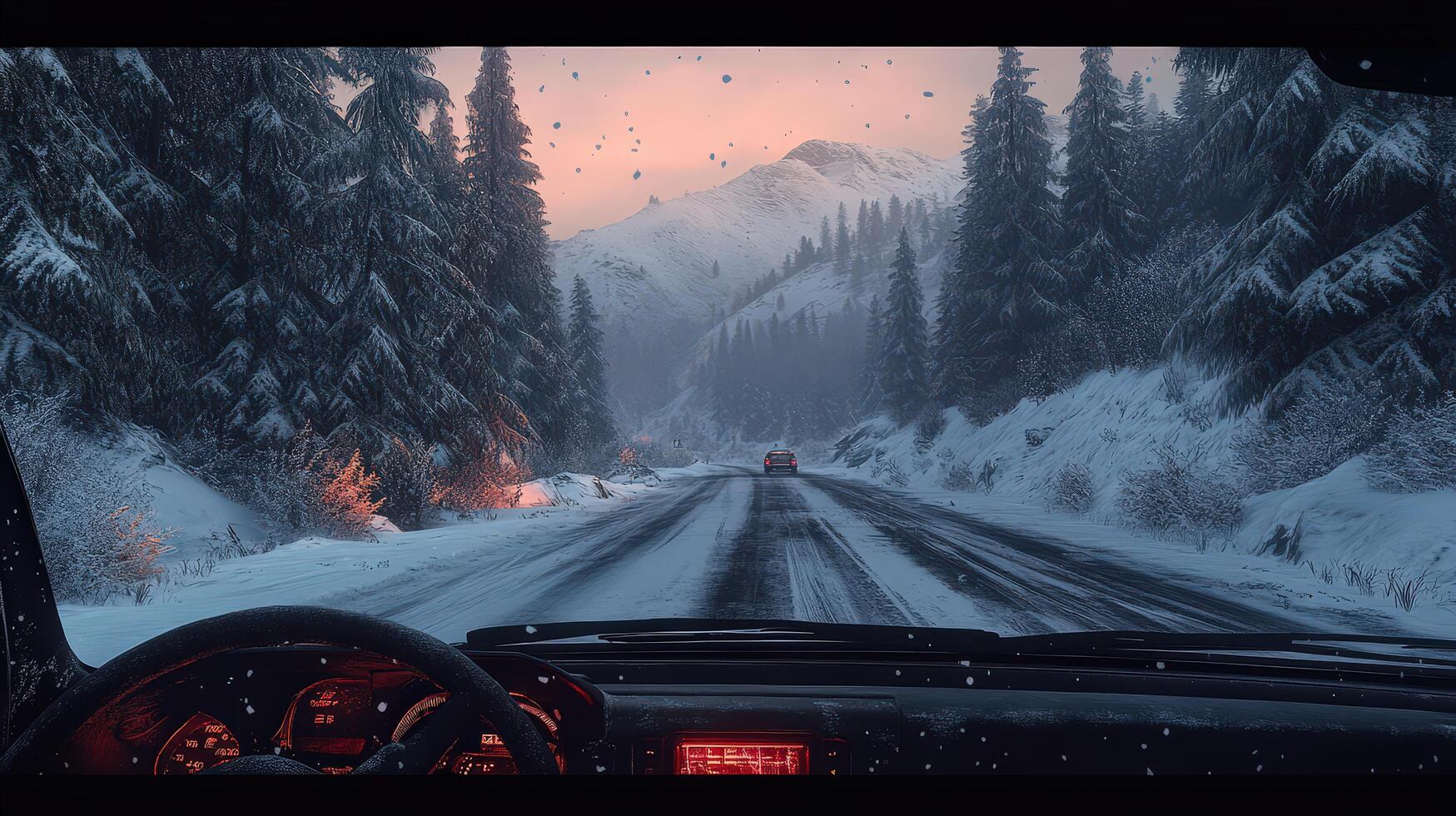 Passenger perspective of snowy mountain road, pine trees, foggy windshield photo