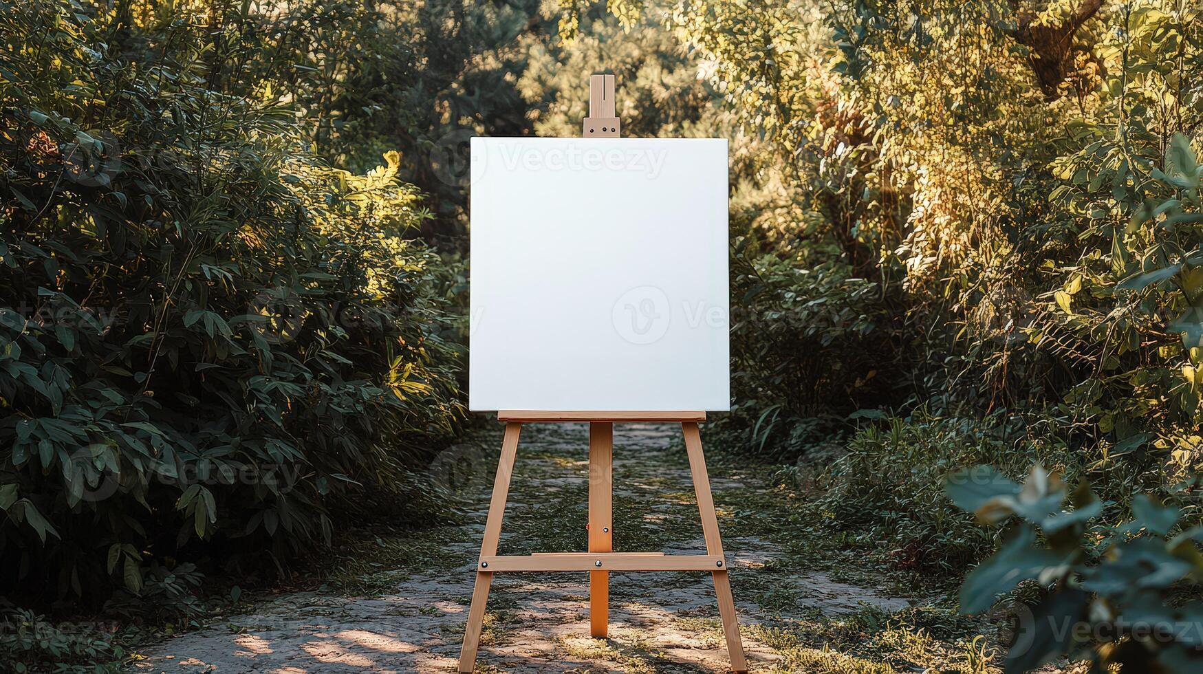 Realistic Photo of a Blank Canvas on Easel in Garden