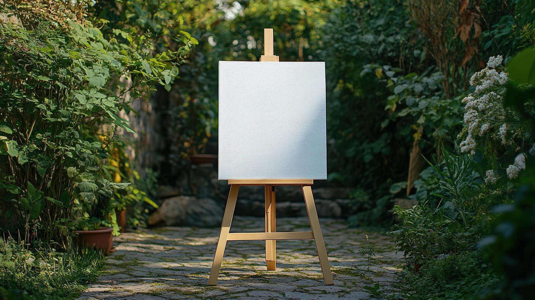 Blank Canvas on an Easel Set in Outdoor Garden Scene photo