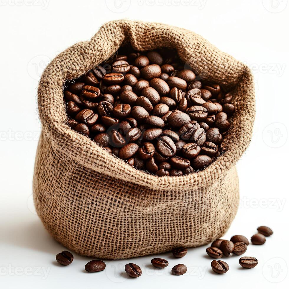 Fresh Roasted Coffee Beans Pouring from Open Bag in Light photo
