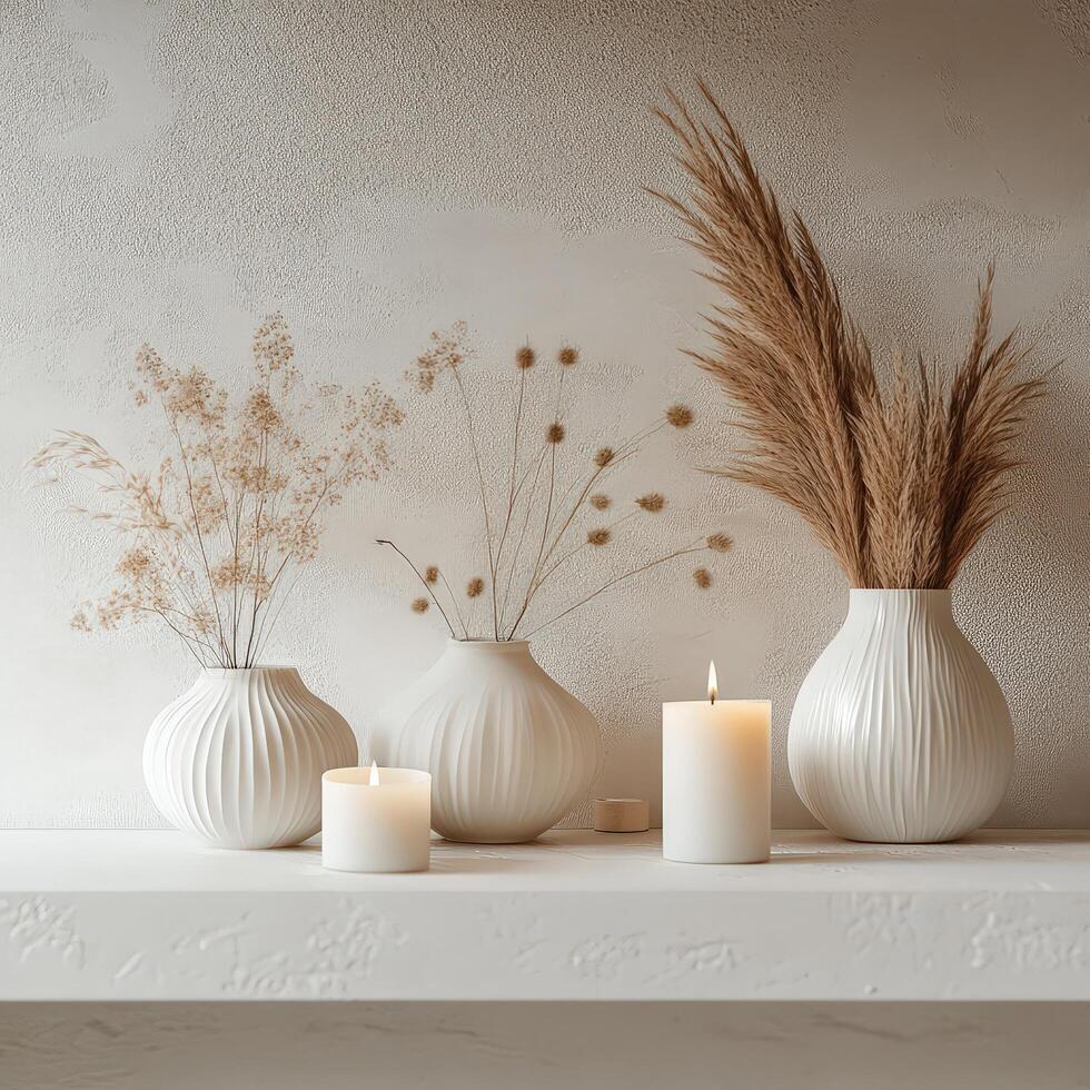 Photorealistic Interior with Decorative Candles and Vases on Shelf photo