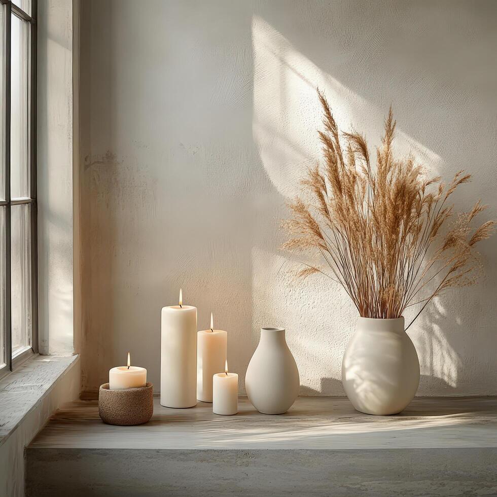 Stylish Minimalist Wall with Warm-Toned Candles and Vases Display photo