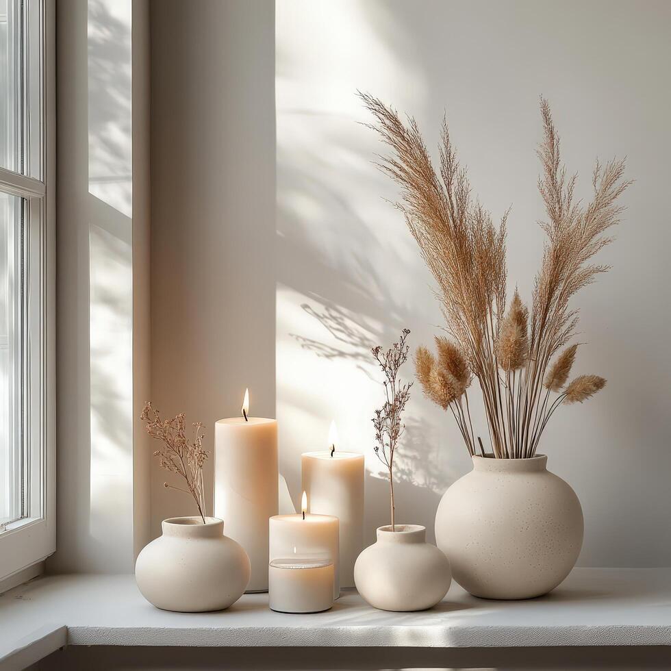 Sophisticated Minimalist Interior with Decorative Elements and Studio Lighting photo