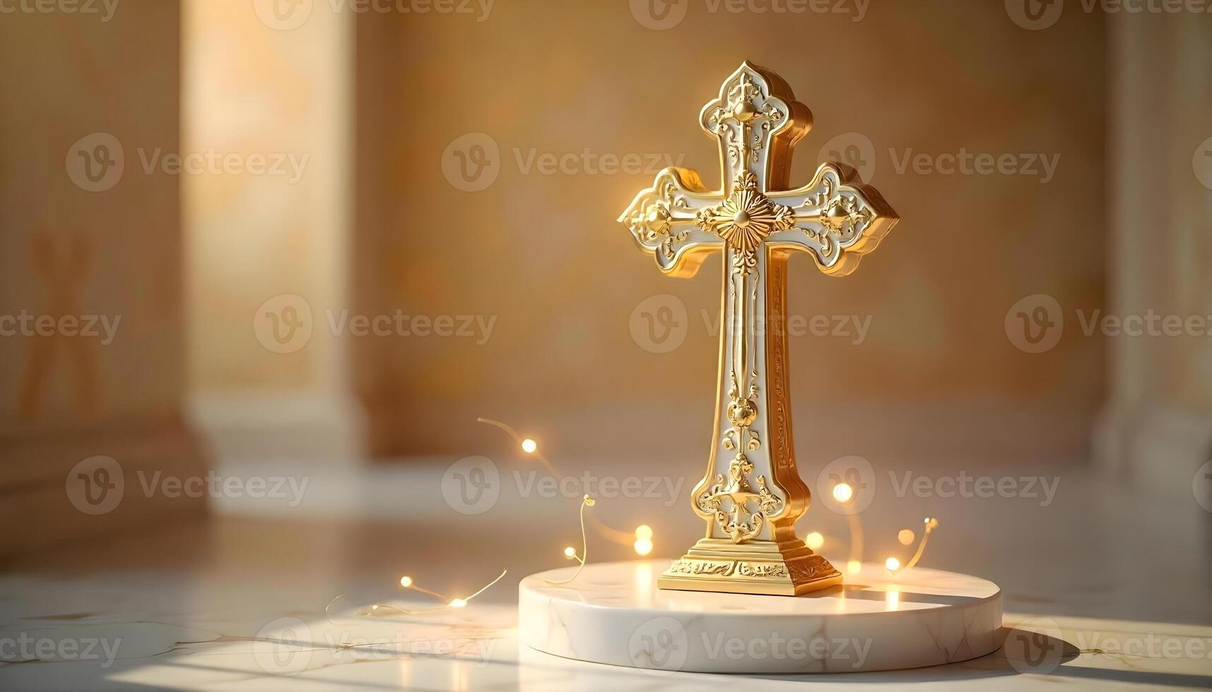 Golden cross on white marble podium with burning garland, closeup photo