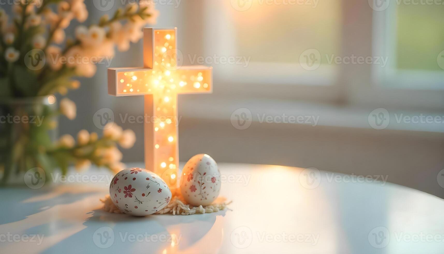 Easter eggs in the form of a cross on the background of a Christian cross. photo