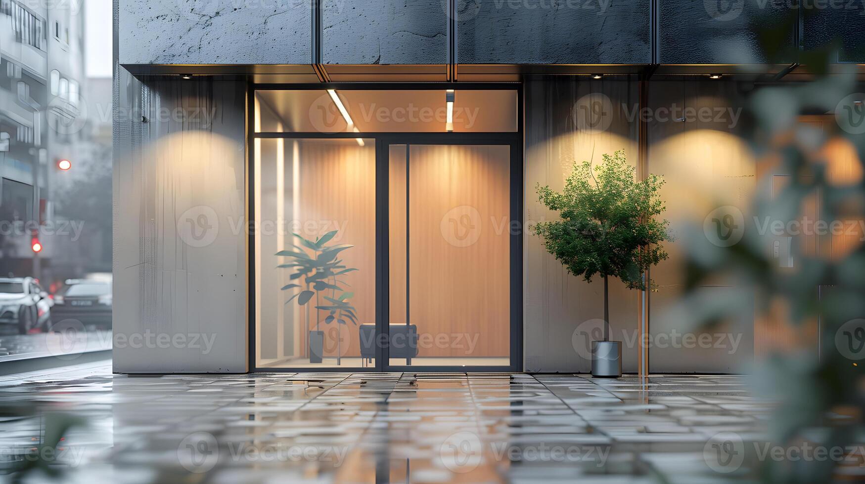 3d rendering of a modern office building with glass doors and windows photo