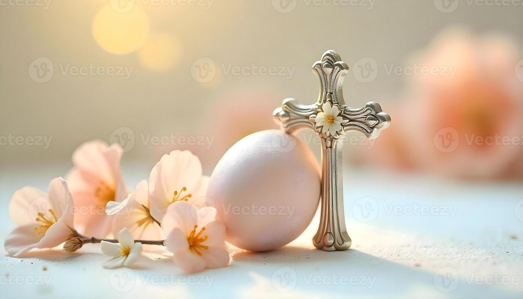 Easter egg with cross and flowers on white background. Happy Easter concept. photo
