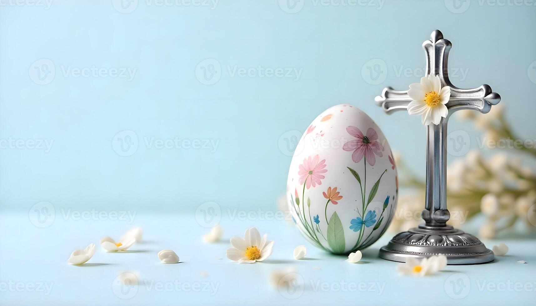 Easter egg with cross and flowers on light blue background, space for text photo
