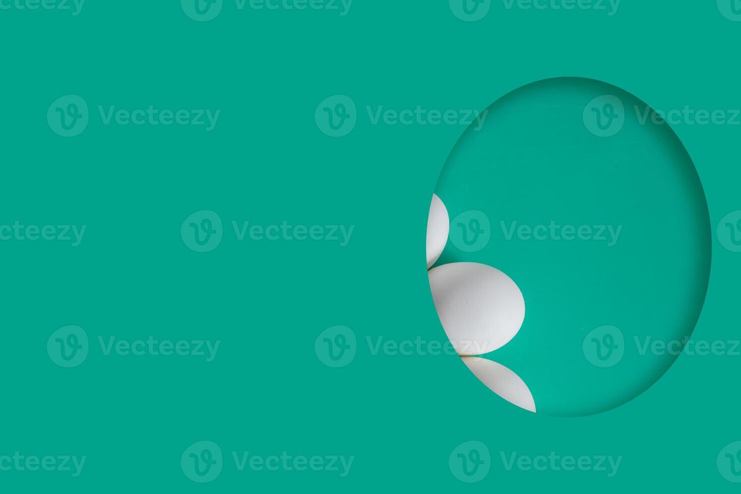 White eggs arranged on a green background in a creative oval frame photo