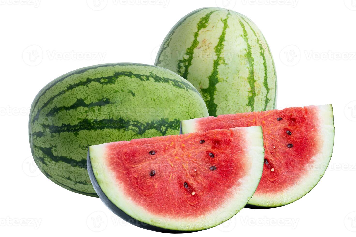 Fresh watermelons and slices displayed on a white background photo