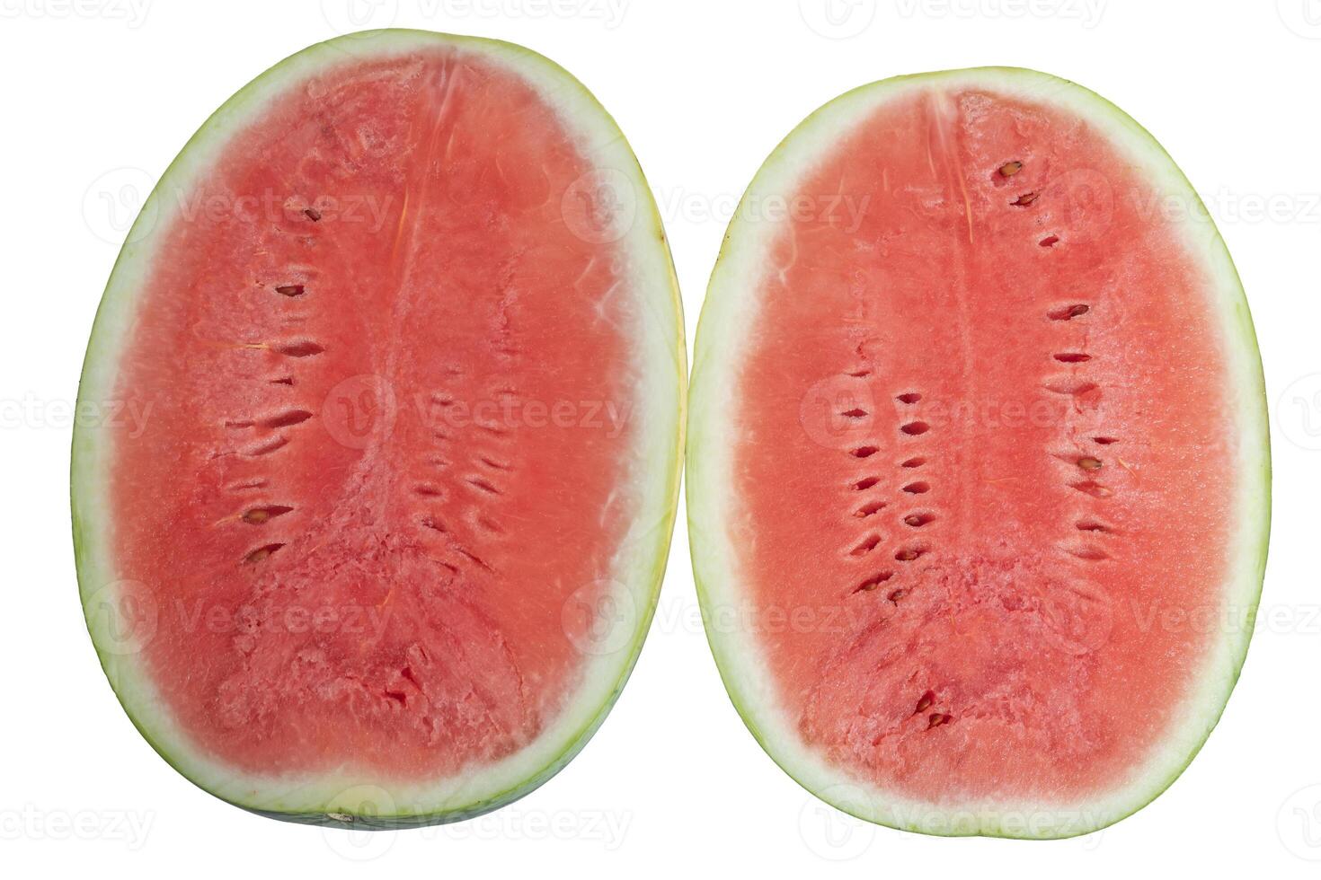 Halved juicy ripe watermelon showing vibrant and fresh red interior, top view photo