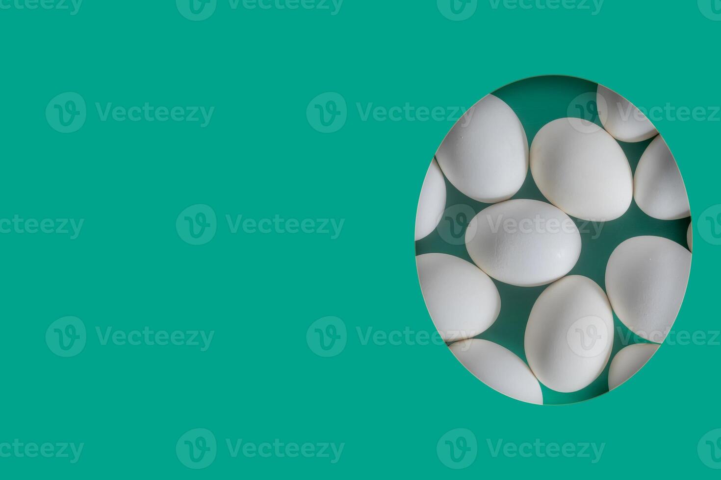 White eggs arranged on a green background in a oval frame photo