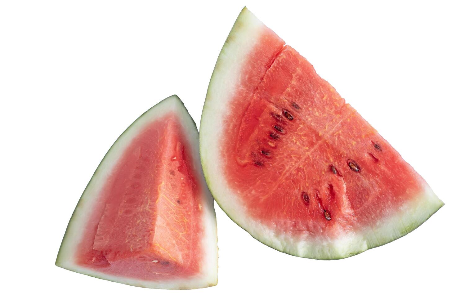 Two slices of watermelon are shown on a white background photo