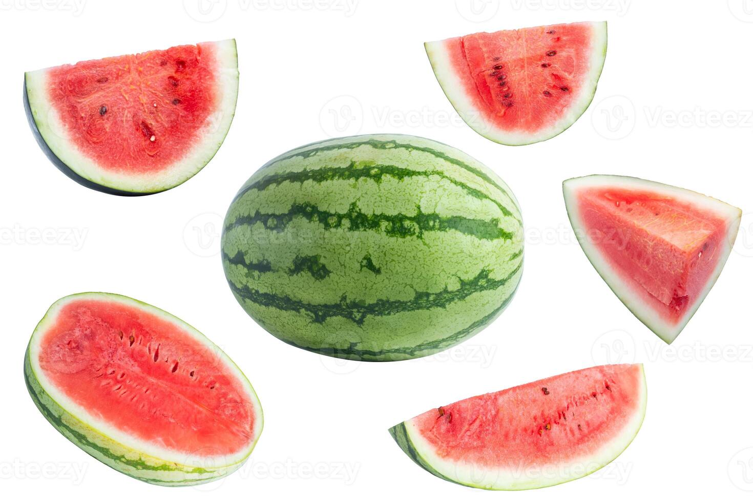 Fresh whole watermelon and cut slices shown on a white background. photo